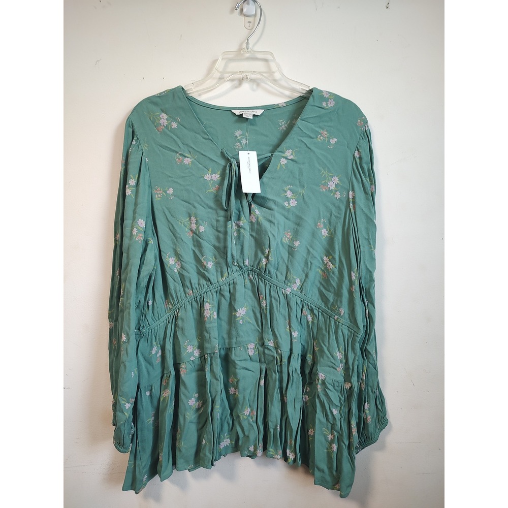 American Eagle Women Green Floral Babydoll Blouse Long Sleeve Tie V-Neck XL NWT